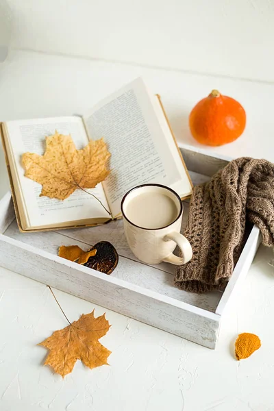 Still Life Compocition Pumpkin Latte Decorated Autumn Leaves White Background — Stock Photo, Image