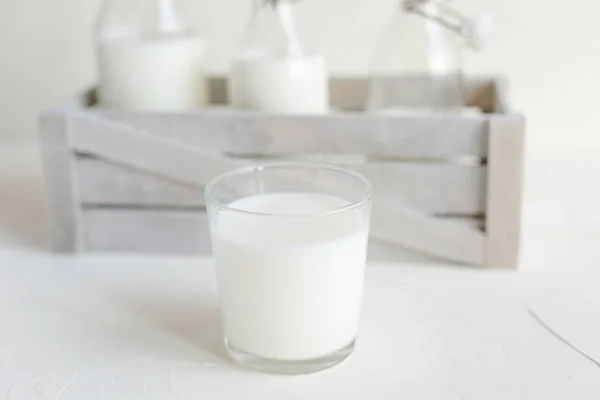 Свіже Молоко Пляшках Склянка Білому Бетонному Фоні Здорова Їжа Кухня — стокове фото