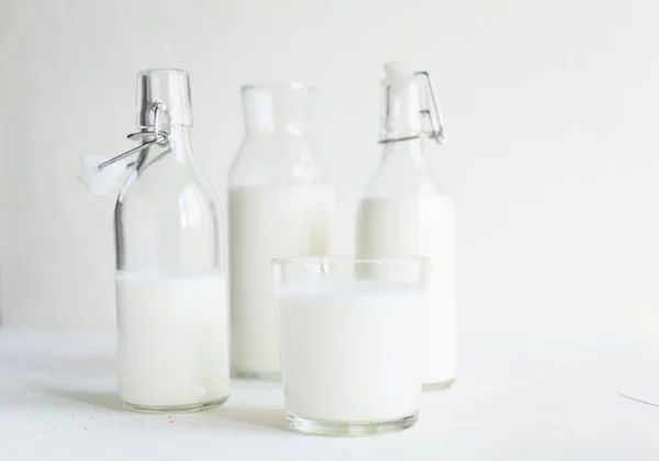 在瓶子和玻璃的新鲜牛奶在白色混凝土背景 健康食品 — 图库照片