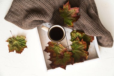 Rahat kavramı, sonbahar kuru akçaağaç natürmort kompozisyon üzerine beyaz bırakır. Fincan sade kahve ya da çay. Üstten görünüm