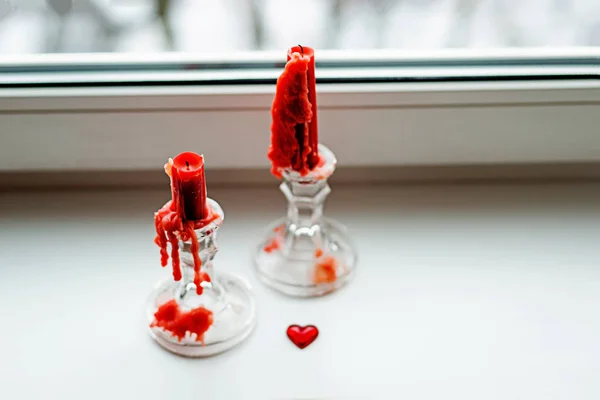 Valentine Red Candles Windowsill Holiday Greeting Card — Stock Photo, Image