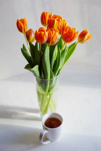 Tulipas laranja primavera em um vaso perto da janela — Fotografia de Stock