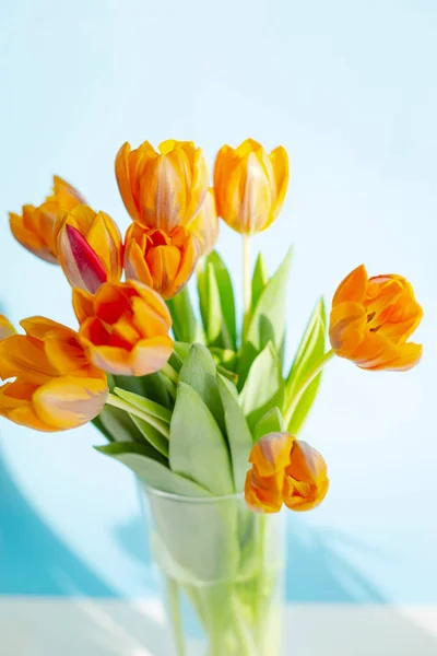 Tulipanes de primavera en un jarrón cerca de la ventana —  Fotos de Stock