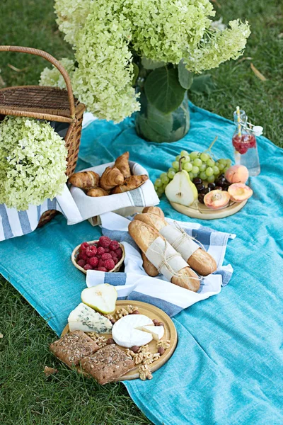 Picnic estivo sul plaid blu nel parco — Foto Stock