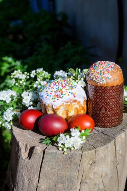 Bahçede Paskalya bahar Rus kek ve yumurta