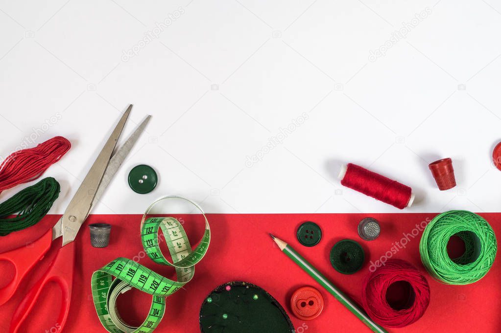 Sewing accessories in red and green colors.