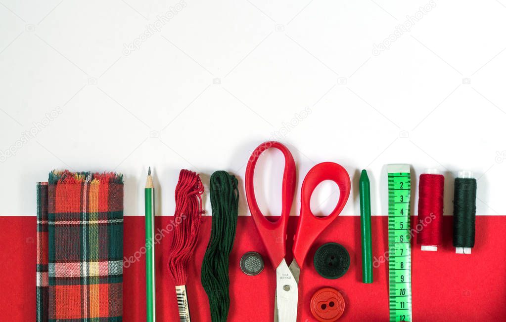 Sewing accessories in red and green colors.