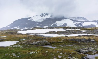 Ulusal Turizm peyzaj yönlendirmek Sognefjellet bulutlu havalarda, Norveç