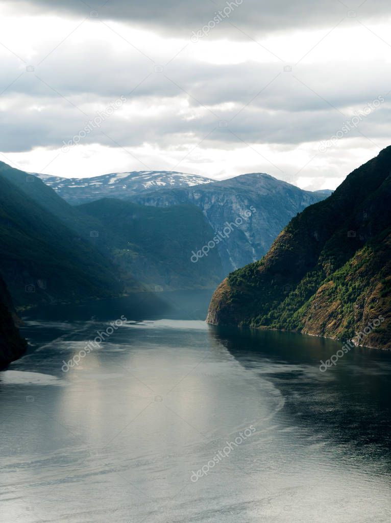 View of the Aurlandsfjord fjord with Stegastein viewing platform. It is a fjord in Sogn og Fjordane county, Norway, a branch of the main Sognefjorden. Length 29 km
