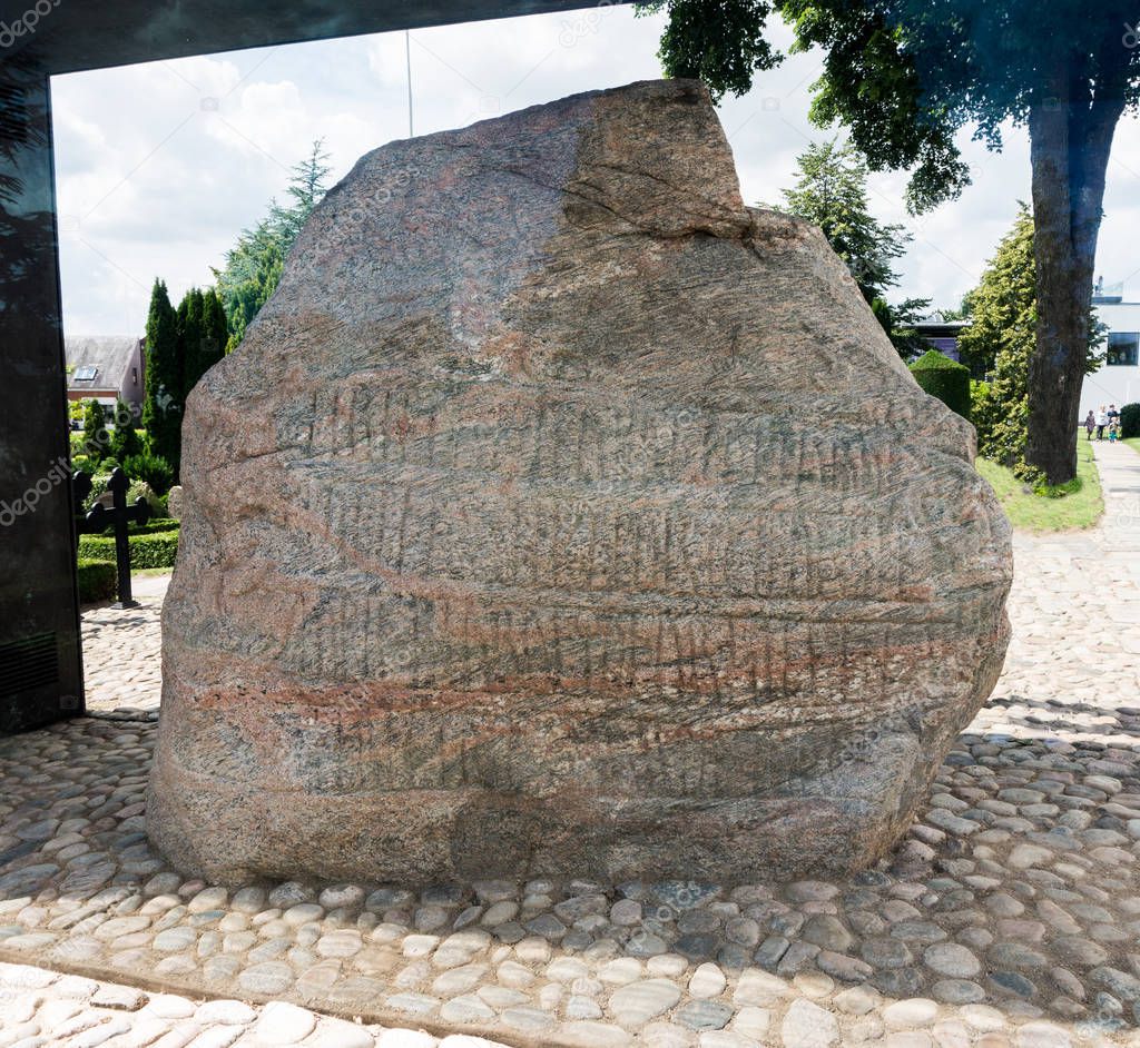 Jelling stones are massive carved runestones, 10th century, Jelling, Denmark. Evidence of the foundation of Denmark