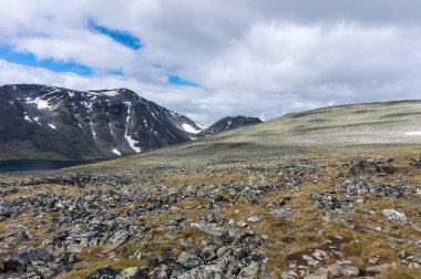 Kayalık yamaç Jotunheimen Milli Parkı, Norveç'te karla kaplı dağlar arka planı