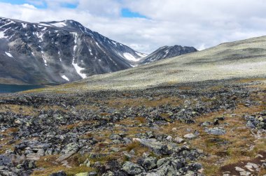 Kayalık yamaç Jotunheimen Milli Parkı, Norveç'te karla kaplı dağlar arka planı