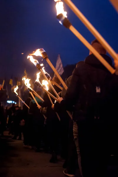 Column People Marching Torches — Stock Photo, Image
