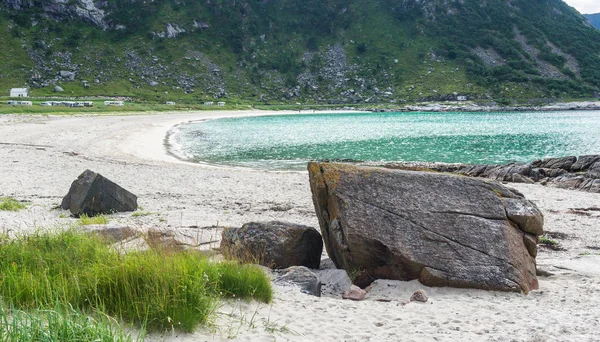 Rocky Shore Sandy Beach Turquoise Water Lofoten Archipelago Norway National — Stock Photo, Image