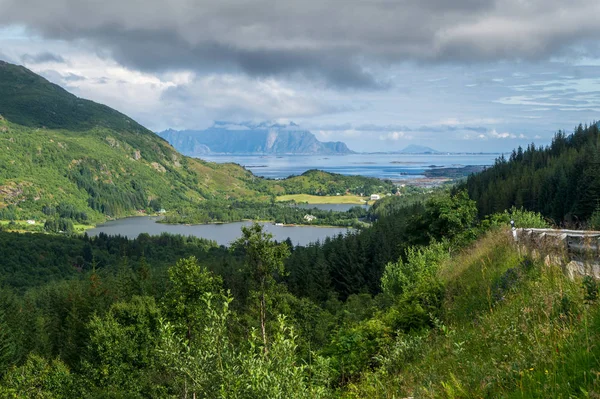 Wald Vordergrund Blaue Berge Der Ferne Erhabener Archipel Norwegen Nationale — Stockfoto