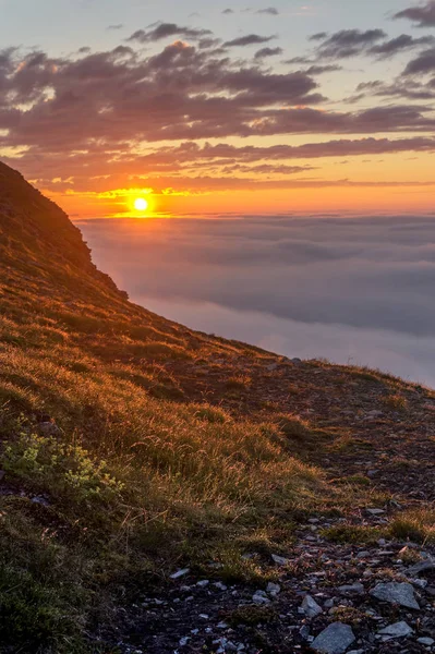Sunset Fog Rocks Soroya Island Norway — Stock Photo, Image