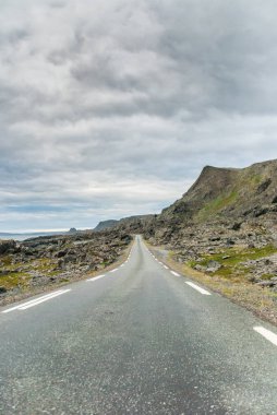 Finnmark, Norveç Barents Denizi, Varangerhalvoya Milli Parkı, Varanger Yarımadası'nın kıyısındaki kayalık uçurum