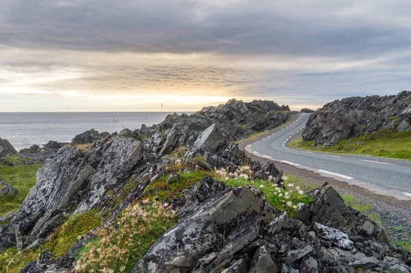 Varanger boyunca Barents Denizi kıyısında kayalık kayalıklar 