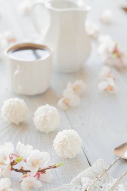 Beyaz ağaçlık üzerinde kahve, süt ve kayısı çiçeği dalı fincan