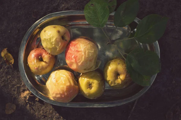 Запечені жовті та червоні яблука на металевому лотку — стокове фото