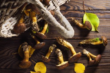 Ahşap bir masa üzerinde taze orman mantar ve sepet.