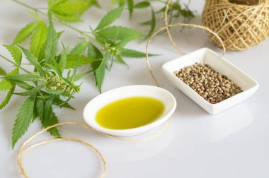 Kenevir ürünü konsepti. Esrar tohumu yağı, skein ve yeşil bitki