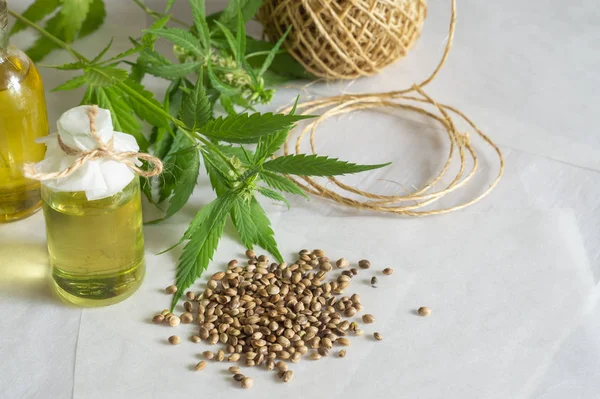 Conceito de produtos de cânhamo. Garrafas com óleo de cannabis, uma meada de fio e uma planta verde — Fotografia de Stock