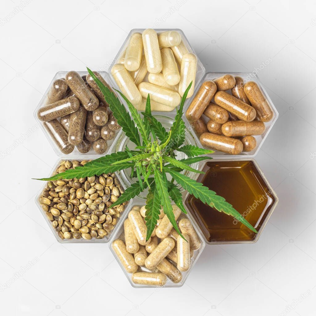 Cannabis medicine capsules, hemp oil and seeds and green plant in honeycomb jars on white background