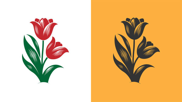 Creative tulip flower artwork blending colorful and silhouette elements. Decorative tulip graphic with stem, leaves, and blooming detail.