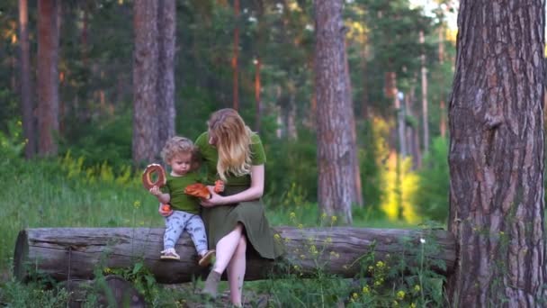Mom and child in the forest eating bread — Stock Video