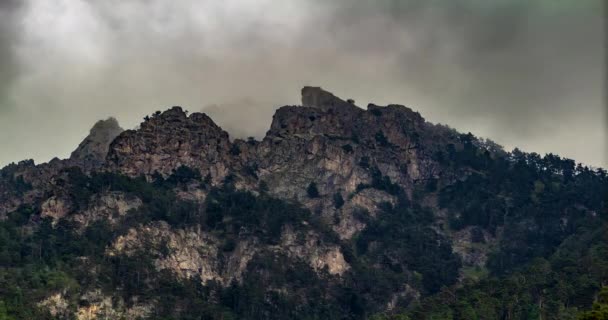 Κορυφή Των Βουνών Στην Ομίχλη Πυροβολισμός Ενός Καρέ Teberda Καραχαεβο — Αρχείο Βίντεο