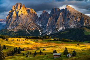 UNESCO sitesi Seiser Alm veya Dolomite yaylası Alpe di Siusi ve Avrupa 'nın en büyük yüksek irtifalı Alp çayırı, sonbahar günbatımında Dolomitler' de İtalya 'nın Güney Tyrol eyaletinde yer almaktadır..