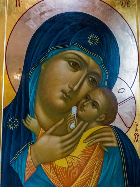 KAZAN, RUSSIA - JUNE 1, 2018: Our Lady Mary with Baby Jesus painting in the Temple of all Religions.  