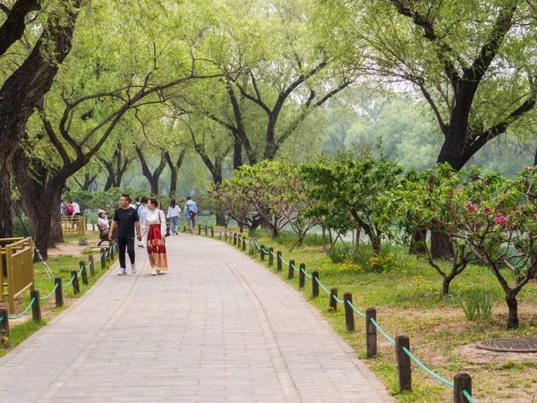 Pekin, Çin - 5 Mayıs 2024: Kunming Gölü yakınlarındaki Yaz Sarayı kompleksinde yürüyen insanlar.