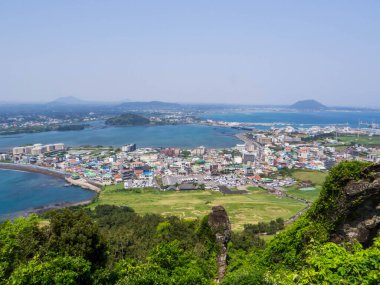 Sunrise Peak olarak da bilinen Seongsan Ilchulbong volkanının tepesinden görüntü. Jeju Adası, Güney Kore 'de.