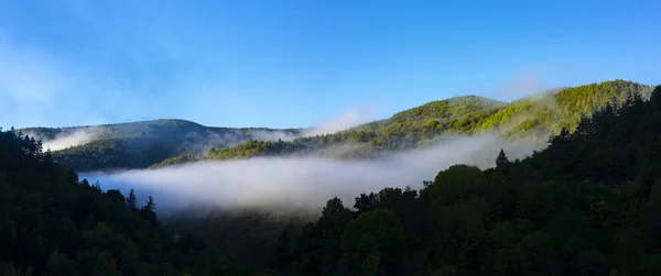 Morgennebel Steigt Über Den Pyrenäen Von Navarra Auf Ustarroz — Stockfoto