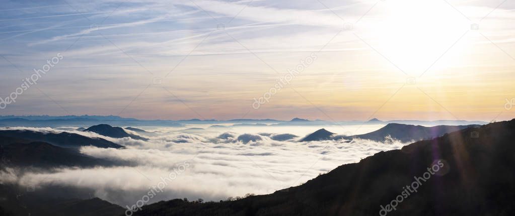 Sea of clouds from the Aralar mountain range at sunrise, Navarre