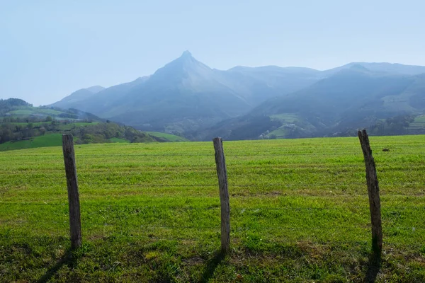 Lente Berglandschap Hek Een Groene Weide Lazkaomendi Txindoki — Stockfoto