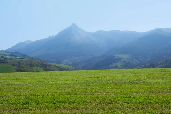 Het Berglandschap Van Lente Groene Weide Lazkaomendi Txindoki — Stockfoto