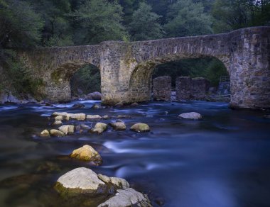 Leizaran river flows between the rocks under an old bridge in Andoain, Euskadi, Europe