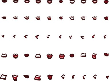 50 kadın ağız pozisyonları ile kahverengi renkli dudaklar. Diyalog lip-sync / Fonem animasyon ve illüstrasyon için maç için ağız pozisyonlar.
