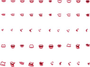 50 female mouth positions with pink colored lips. Mouth positions to lip-sync dialogue / match phonemes for animation and illustration. clipart