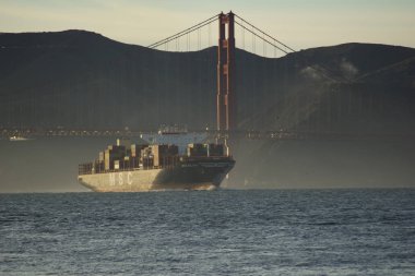 San Francisco, California, Amerika Birleşik Devletleri - 25 Kasım 2018: Msc Cargo Ship Silvia, Oakland Limanı'na giderken Golden Gate Köprüsü'nün altından San Francisco Körfezi'ne giriyor - tamamen dolu