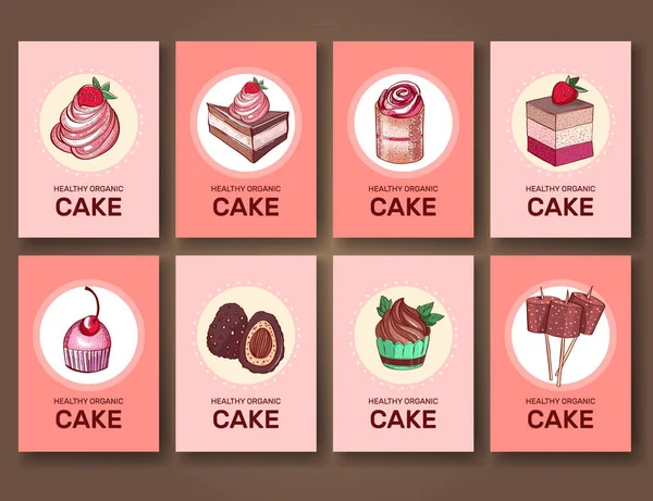 Ensemble de brochures, cartes avec bonbons. Modèles vectoriels. Fond avec gâteau au chocolat, cupcakes et bonbons . — Image vectorielle