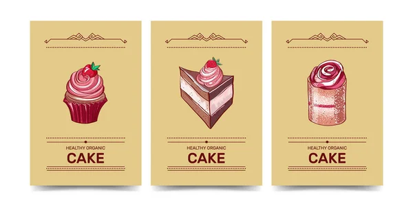 Kolekce sladkostí double dort, tiramisu a jahodový košíček. Ručně kreslené. Sada Ad pohlednice (nápisy, značky, balíček). Tisk šablony sada. — Stockový vektor