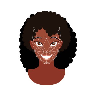 Yüz tanıma özelliği. Kadın yüzü. Video arama için bir suçlu. Vektör çizim.