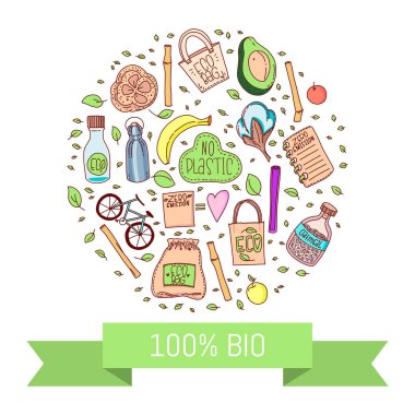 Hiçbir plastik. Sıfır atık. Eko yaşam tarzı. Vektör çizim.