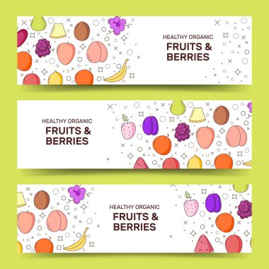 Organik olarak yetiştirilen meyve diyet ve çilek 3 yatay renkli afiş soyut izole vektör çizim ayarla.
