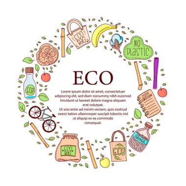 Elle çizilmiş sıfır atık yaşam elementleri. Eko tarzı. Plastik yok. Bastır yeşil
