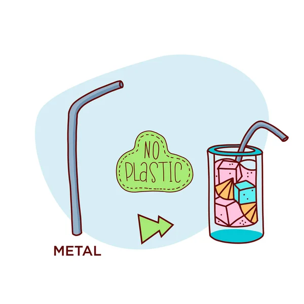 Palha de aço reutilizável em vez de palha de plástico. Zero dicas de resíduos . — Vetor de Stock